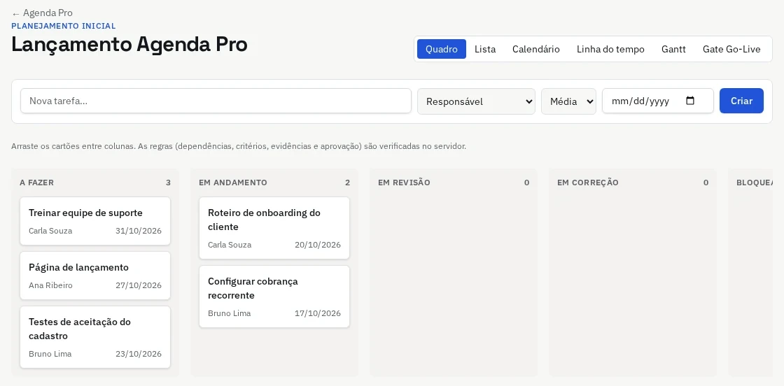 Quadro de tarefas de um lançamento com colunas por etapa, responsáveis e prazos
